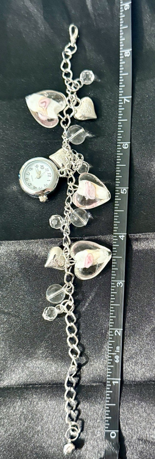 Shabby Chic Rose Watch Charm Bracelet Clear Heart Beads Silver Tone No Battery