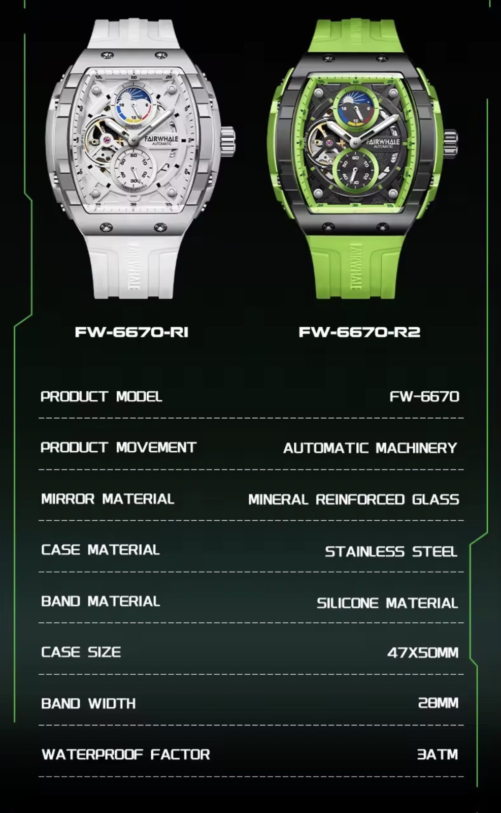 Mark Fairwhale Tonneau Skeleton Luminous Tourbillon Mechanical Automatic Watch