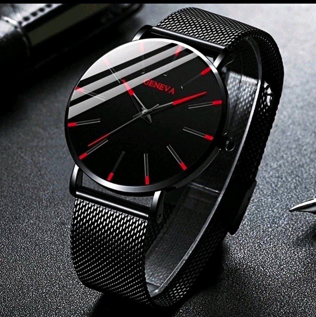Geneva Men’s Quartz Analog Watch 40mm Black Mesh Band Black/Red Dial