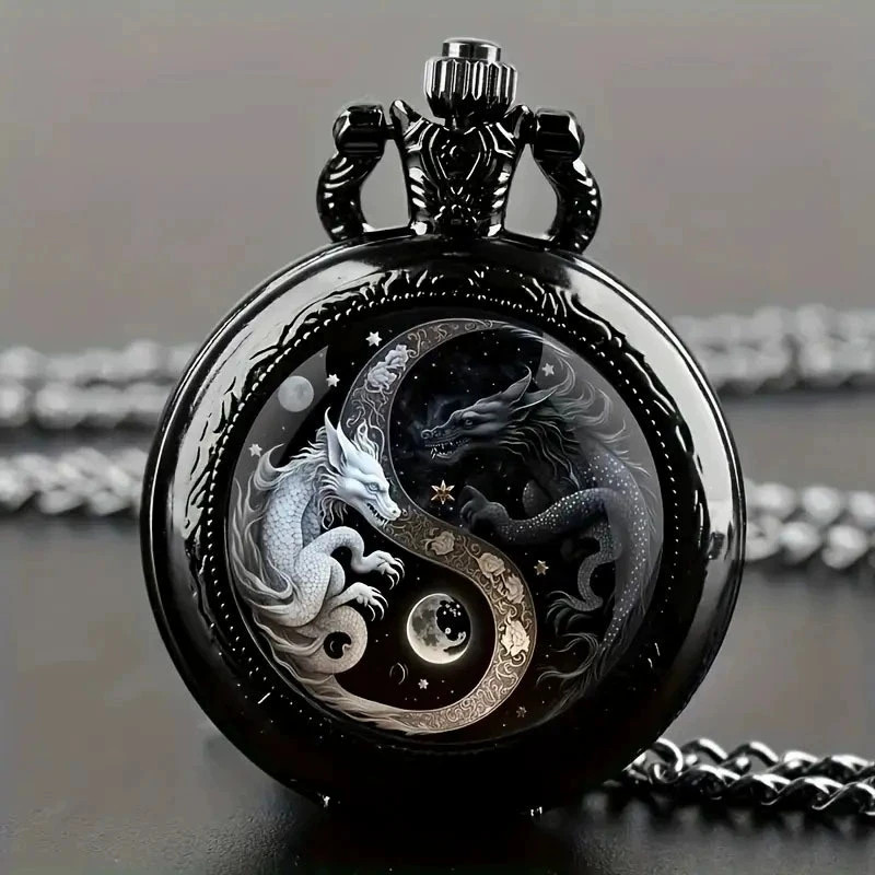 Retro Double Dragon Pattern Golden Silvery Quartz Pocket Watch Classic Style