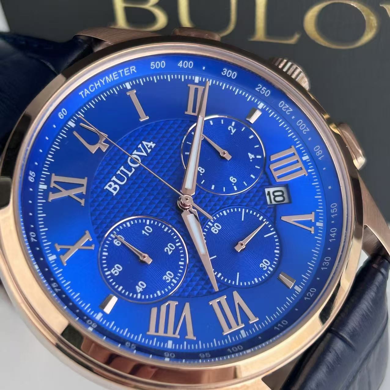 Bulova Wilton Classic 97B170 Blue Dial Leather Strap Mens Quartz Watch 4 G2U