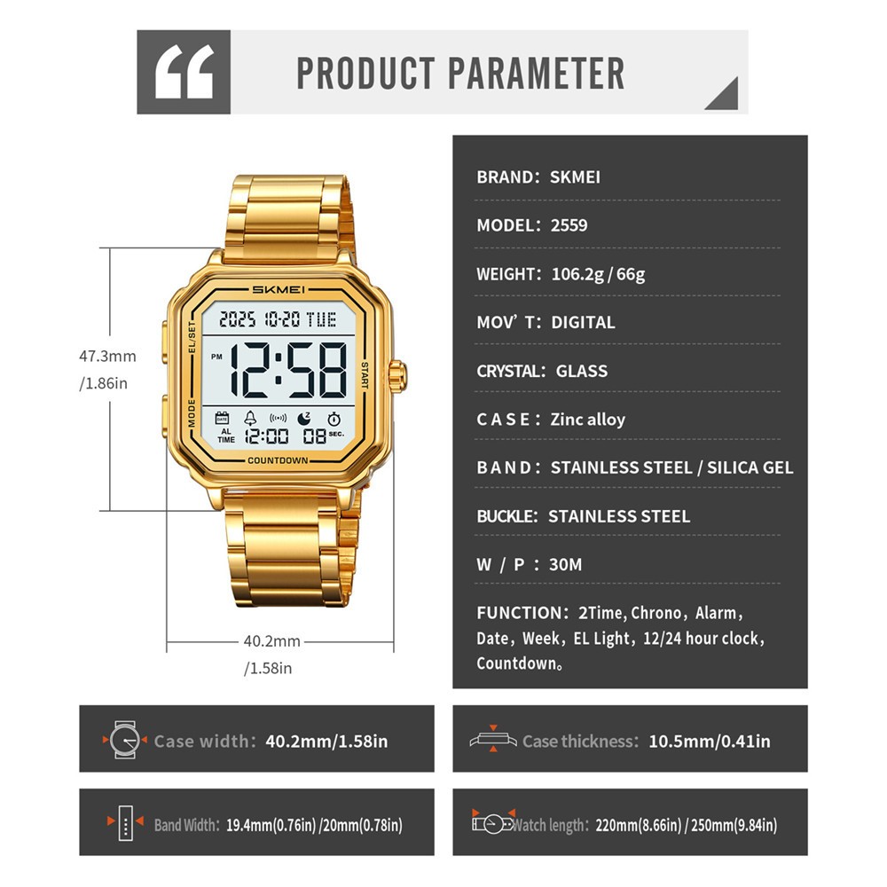 SKMEI Men Watch Rectangle Digital Wristwatch 2Time Male Steel LED Alarm Watches