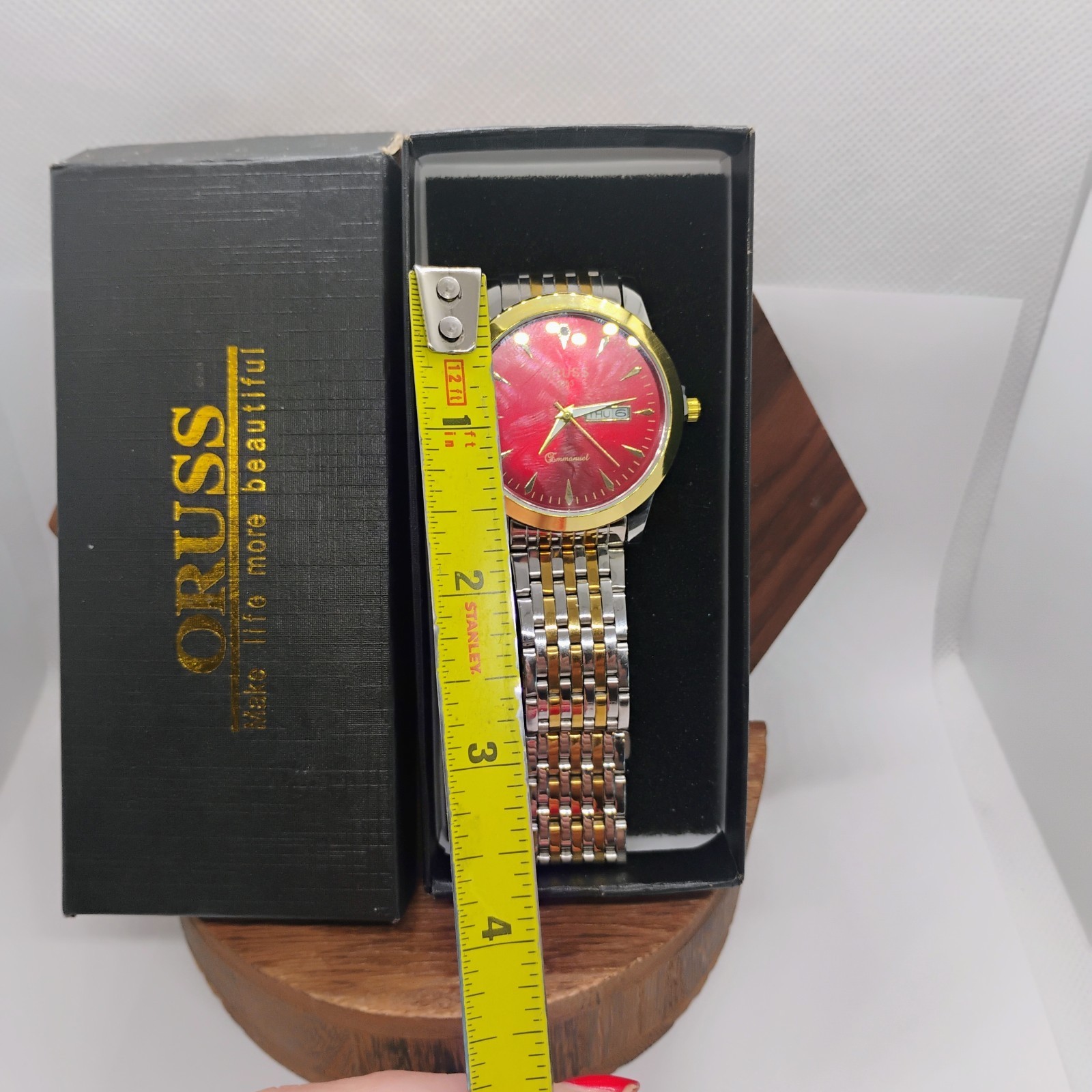 ORUSS 1853 Men’s Wrist Watch Red Dial Silver Gold Stainless Day Date New In Box