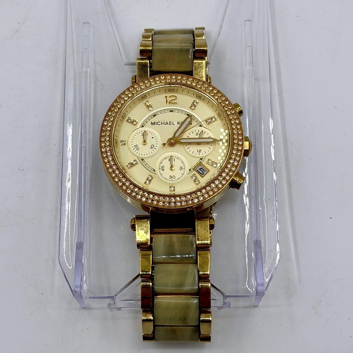 Michael Kors Blair MK5632 Gold Tone Horn Resin Chronograph Crystal Bezel Watch