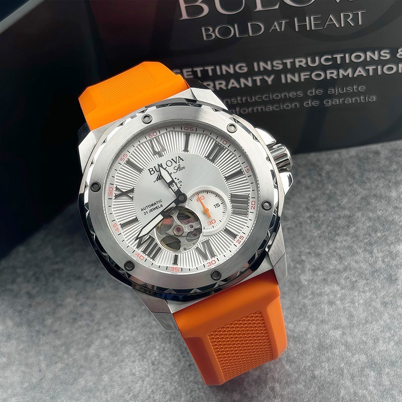 Bulova Marine Star 98A226 Men’s Automatic Watch White Dial Orange Rubber Strap