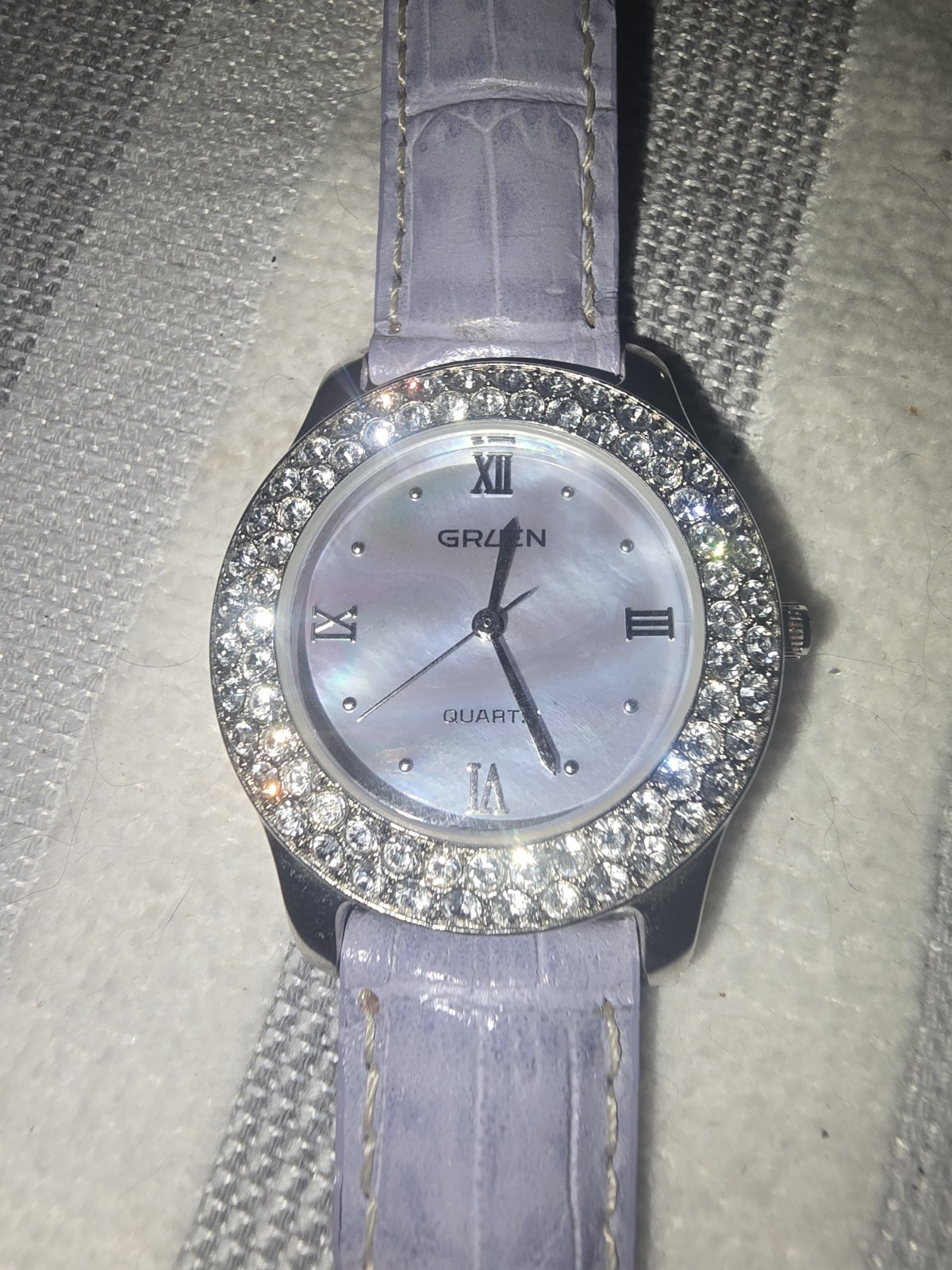 Gruen Quartz Mother -of -Pearl Dial Crystal Studded Bezel Gray Alligator Leather