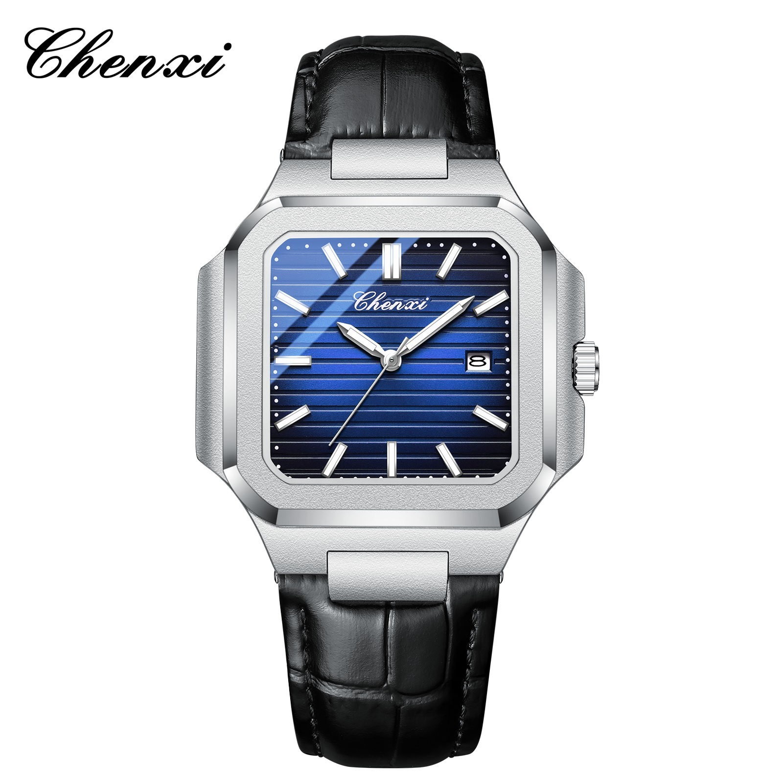 CHENXI Men’s Square Leather Luminous Waterproof Calendar Business Quartz Watch