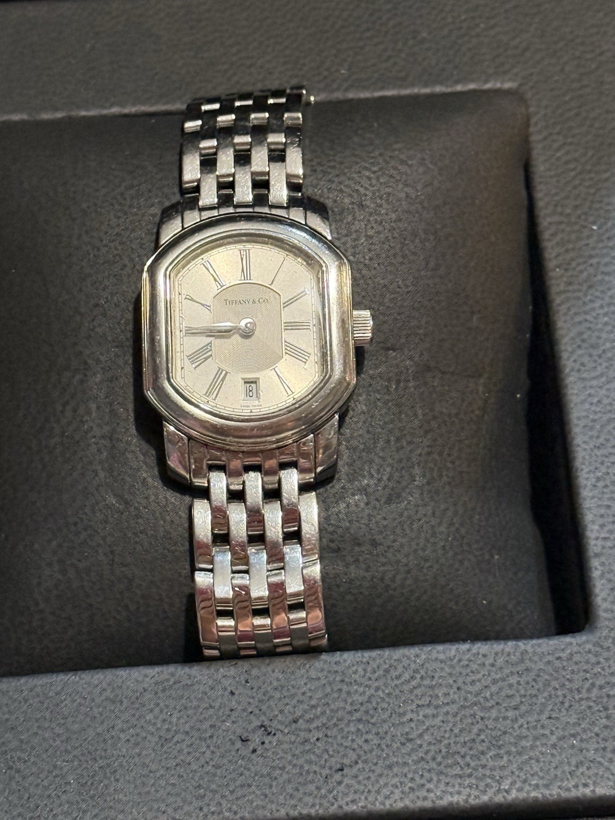 Tiffany & Co Atlas Mark Coupe Resonator Ladies Date Watch SS Guilloche Box Paprs