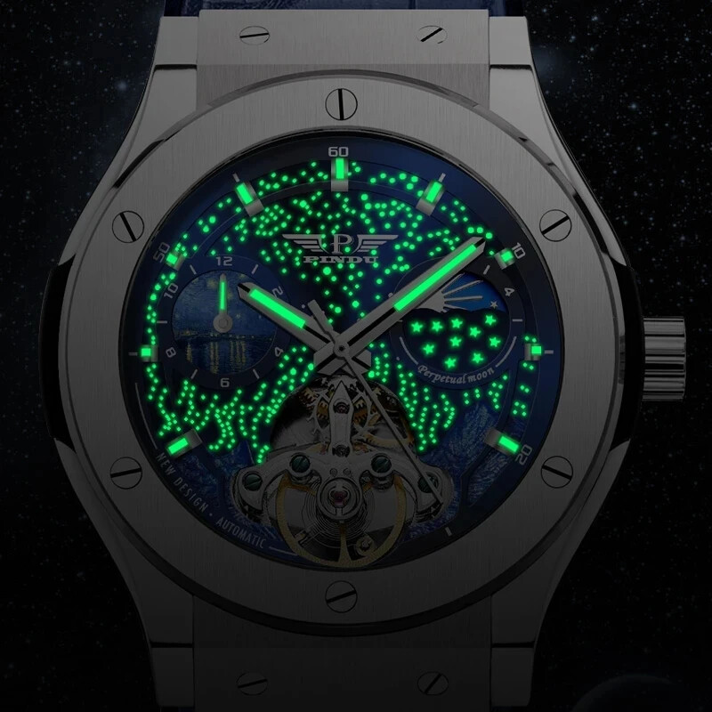 PINDU Design 6537 Men’s Automatic Mechanical Moonphase Leather Watch Waterproof
