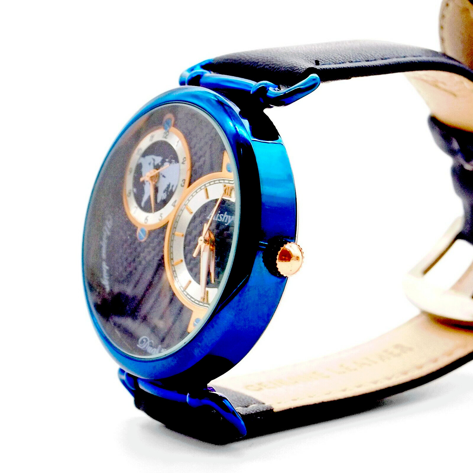Men’s Watch: World Charterer Blue & Navy Leather. USA Shipping. New Sporty Look