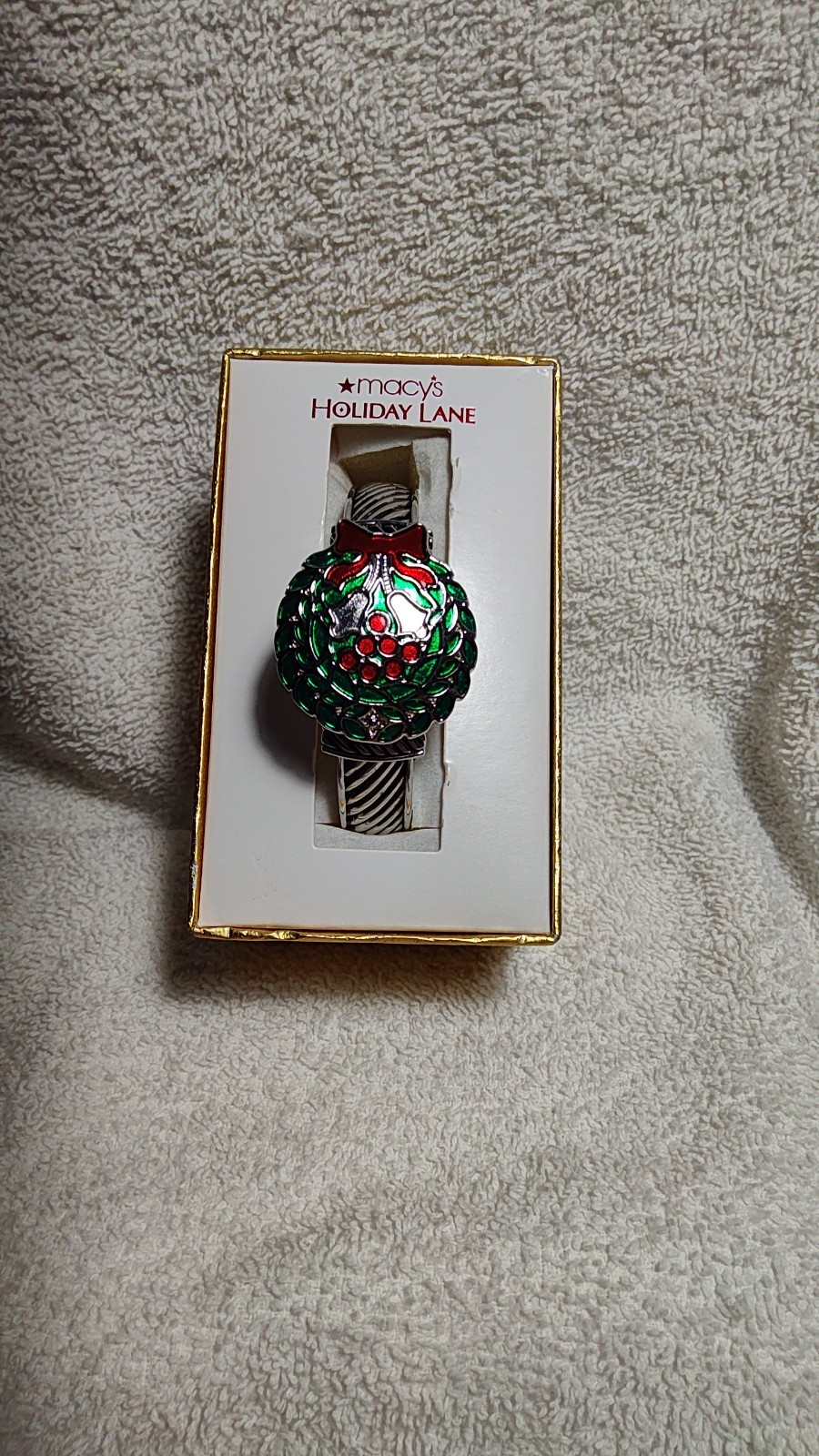 Macy’s” “HOLIDAY LANE” Christmas Wreath Cuff Watch Stainless Steel
