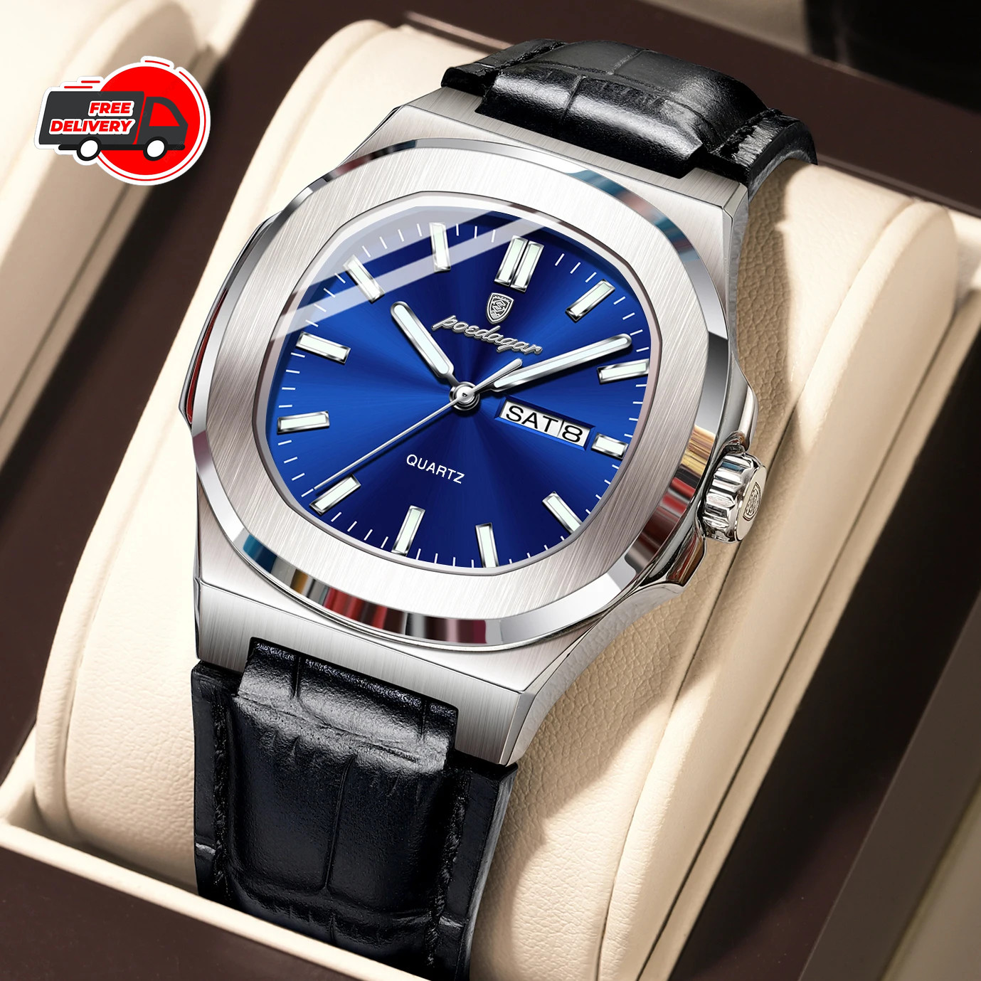 Poedagar Luxury Square Men Leather Watch Date Waterproof Luminous Wristwatch