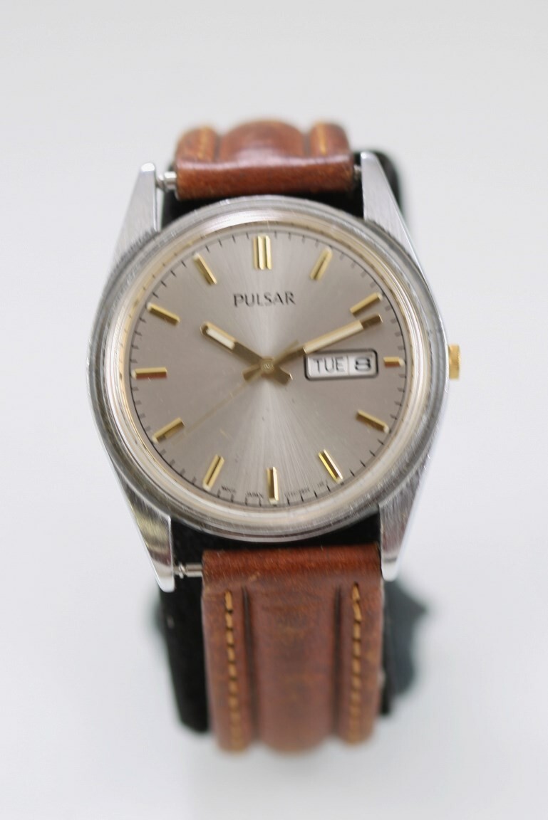 Pulsar Men Watch Stainless Silver Gold Steel WR Brown Leather Day Date Quartz