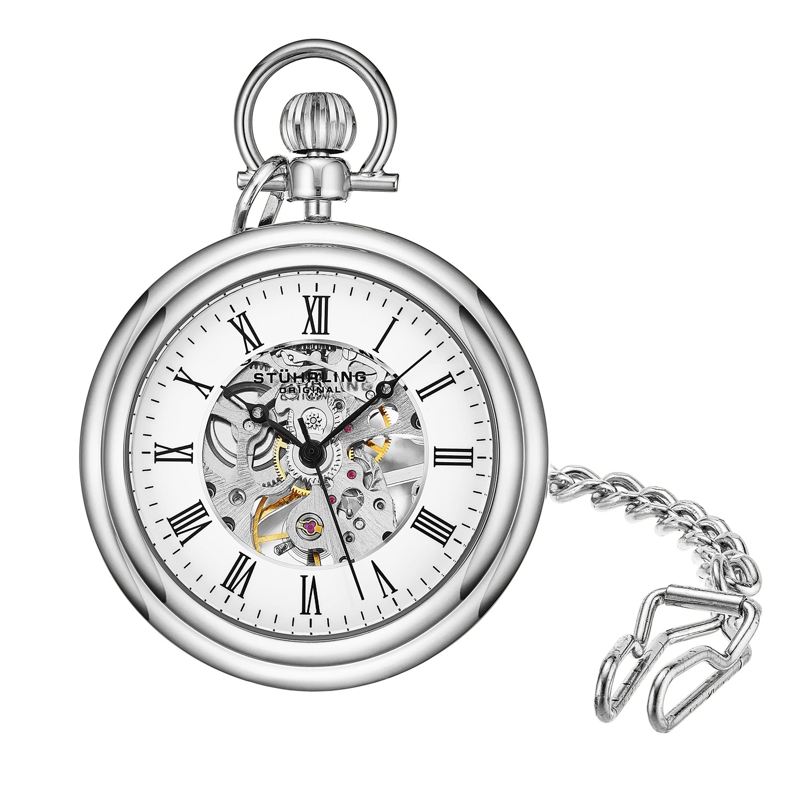 Stuhrling Original Mens Pocket Watch Stainless Steel Analog Skeleton Watch H…