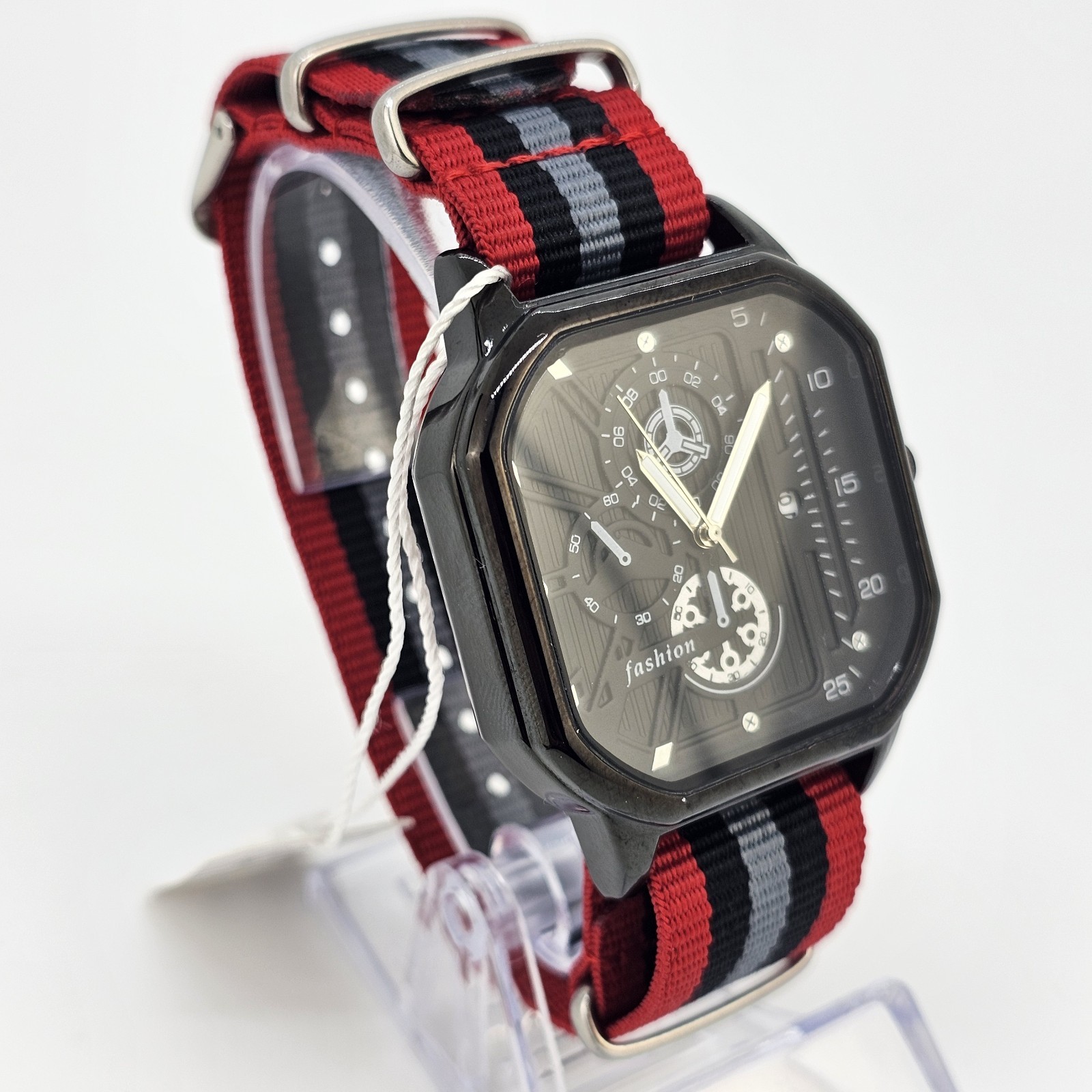 42MM Men’s Watch Black Dial Date Red Black Gray Canvas Band Strap New Battery