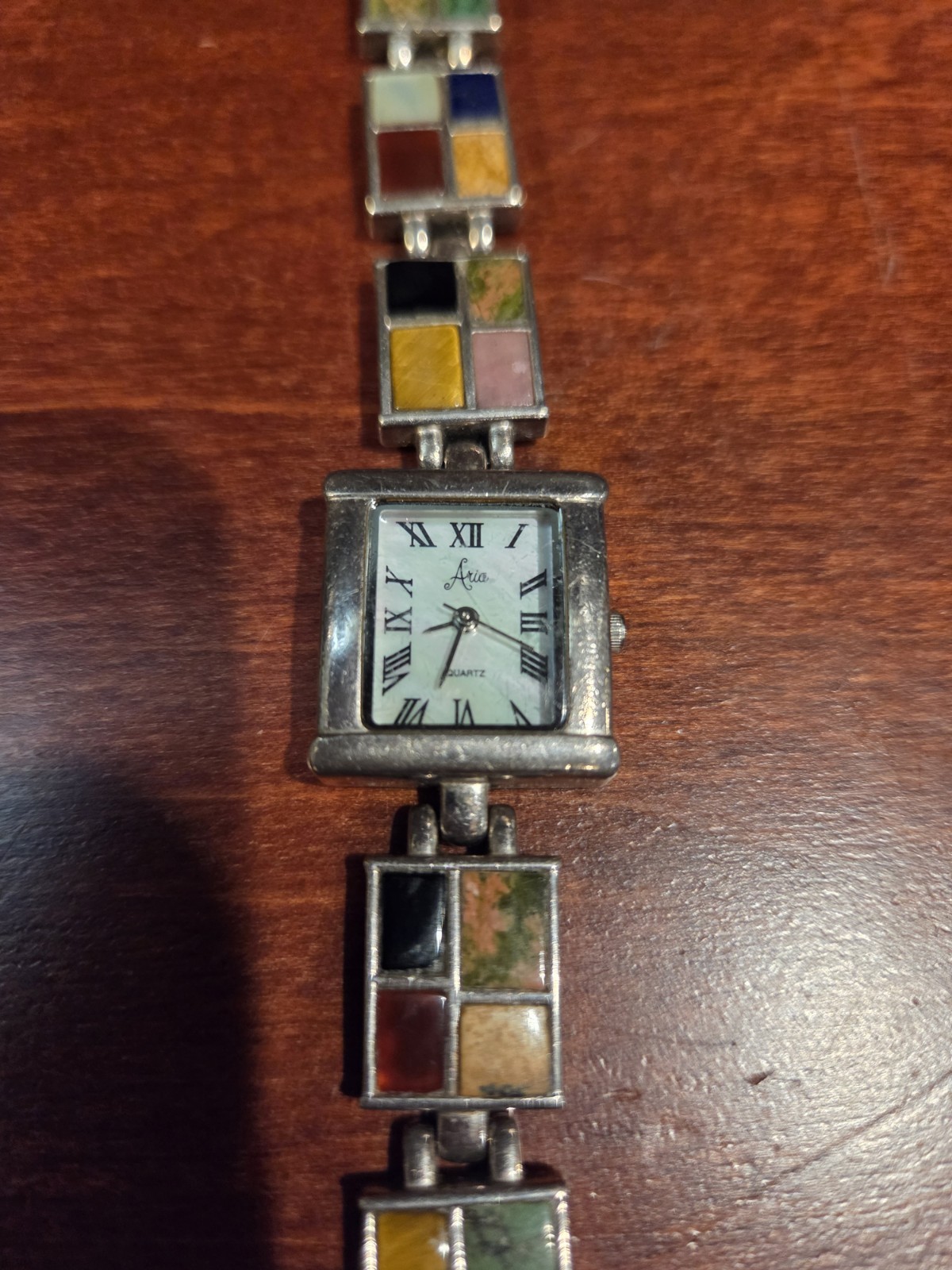 Vintage Aria Sterling Silver Multi Stone Inlay Mosaic Watch MOP Dial .925 1990’s