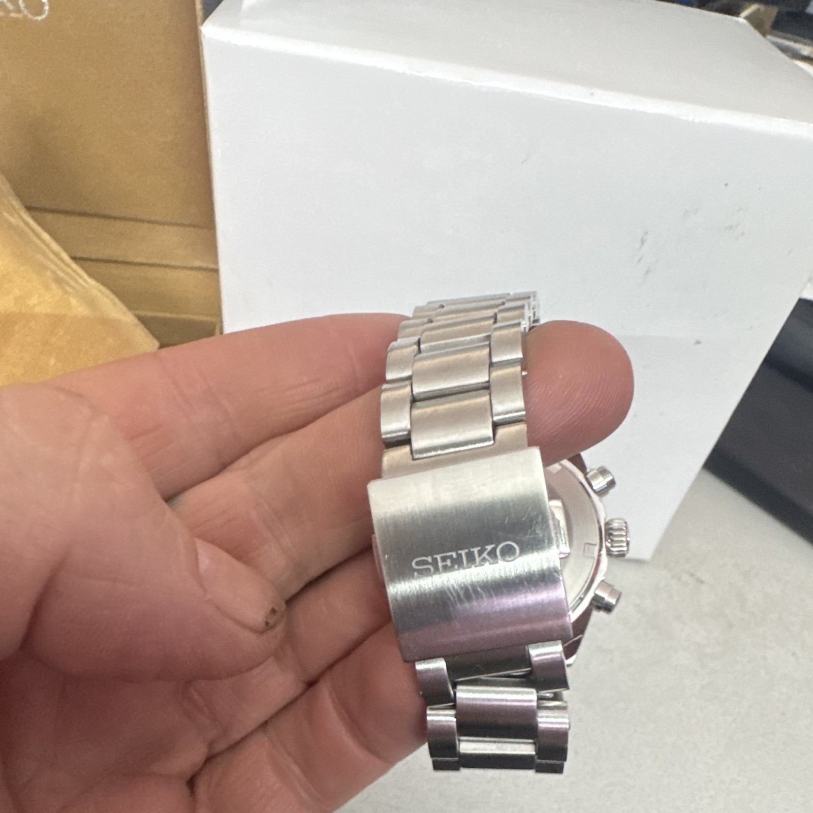 Seiko Chronograph Quartz Tachymeter Watch White Dial Silver SS Bracelet