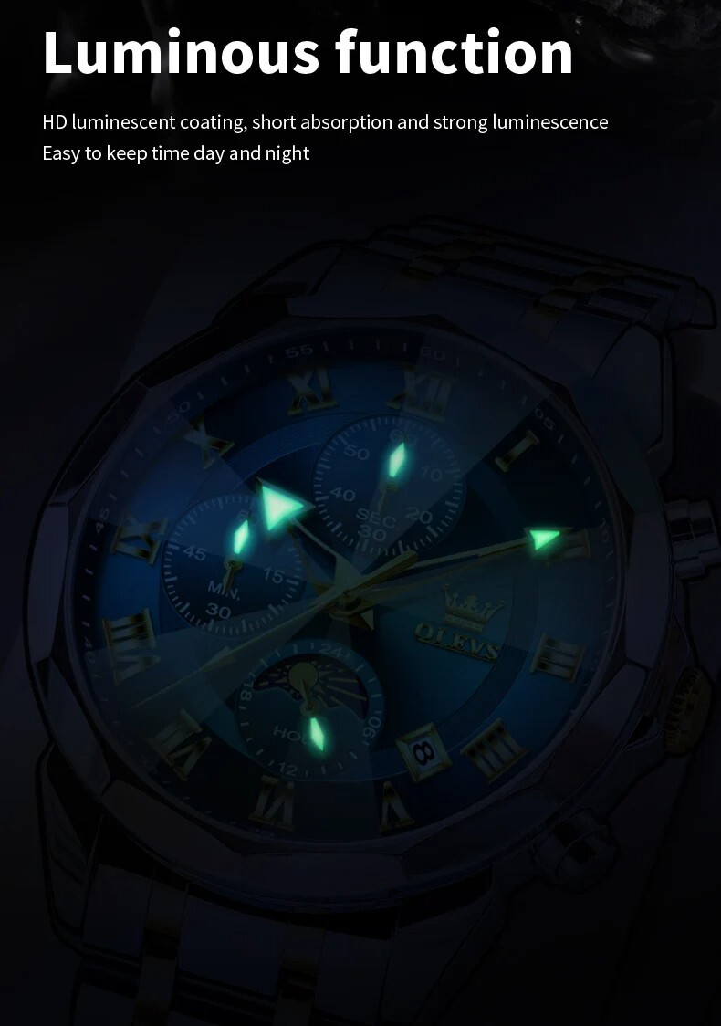 OLEVS Waterproof Watch Men’s Quartz Luminous Luxury Steel Stainless Men Strap