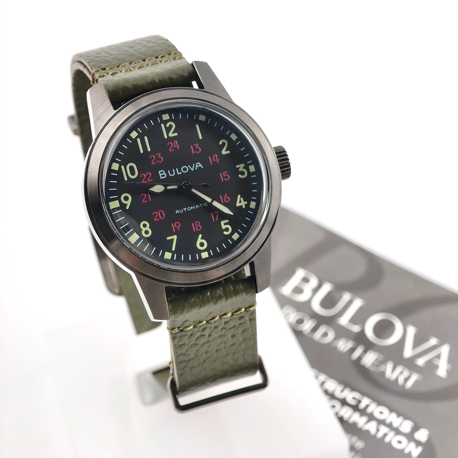 Bulova Military Hack 98A255 Men’s Black Dial Green Leather Strap Automatic Watch