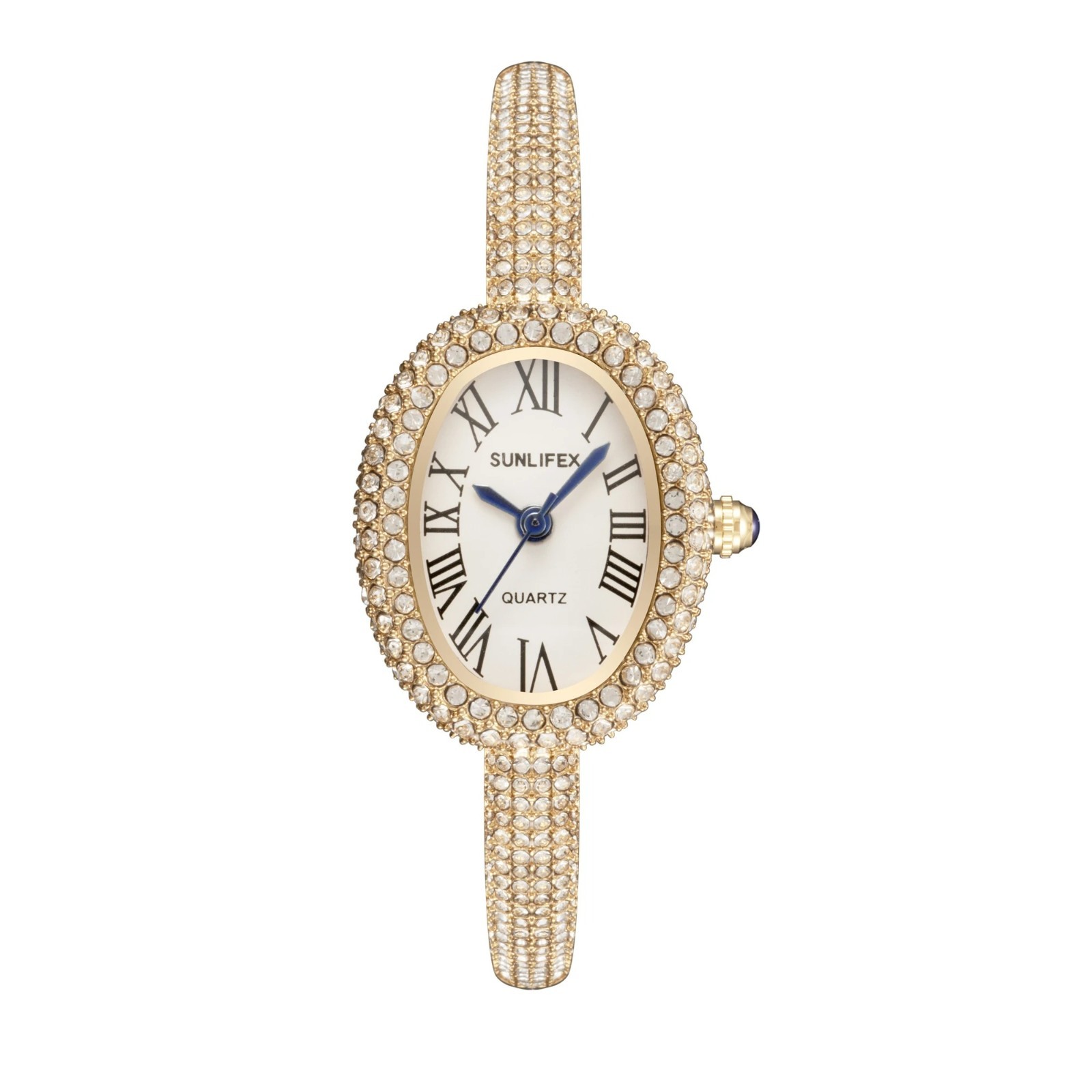Luxury Crystal Oval Bangle Watch For Women Roman Numeral Dial Rhinestone Inlaid